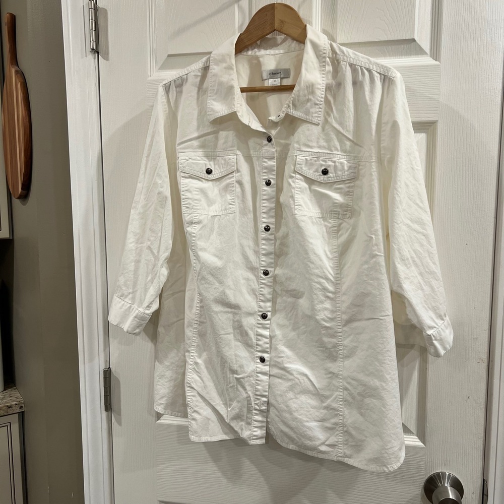 CJ Banks White Button Down Shirt Womens 3X Roll Tab Sleeve Utility Pocket Blouse